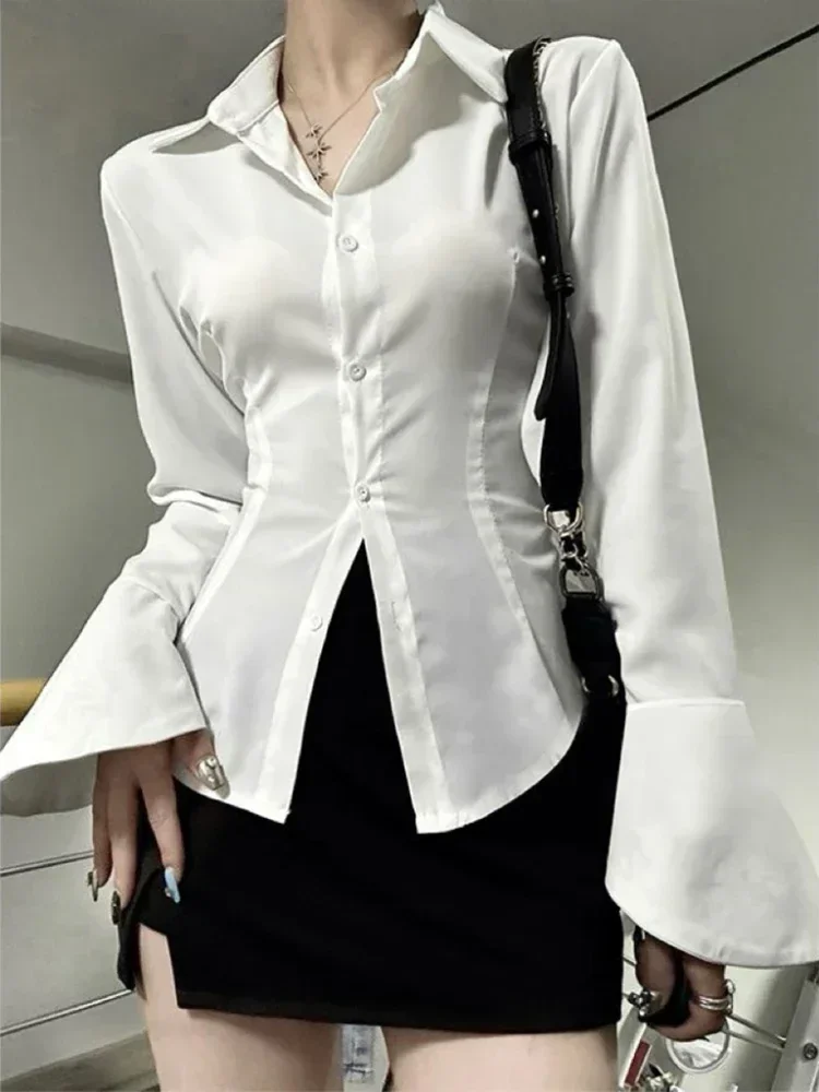 

Sexy Slim Flared Sleeve Women's Shirt Solid Lapel Single-breasted Back Bandage Tunic Female Blouses Spring Trend New Lady