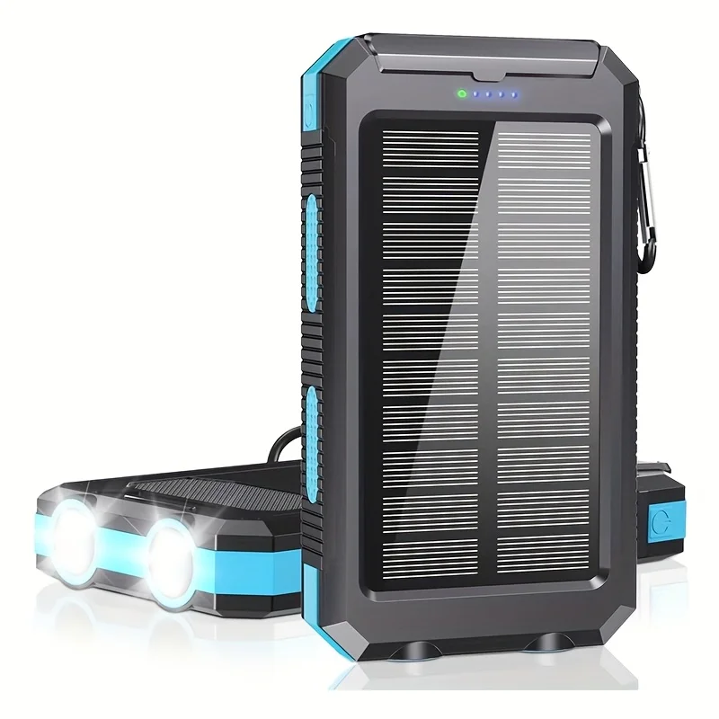 

10000mAh solar mobile power bank external spare battery outdoor camping fast charger with dual USB port built-in LED and compass