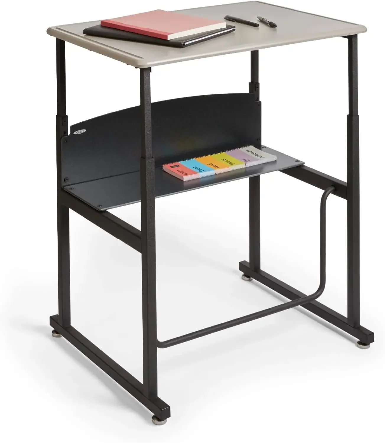 Stand-Up Student Desk, Features a Swinging Pendulum Footrest Bar & a 28” W x 20” D Durable Desktop, Adjustable