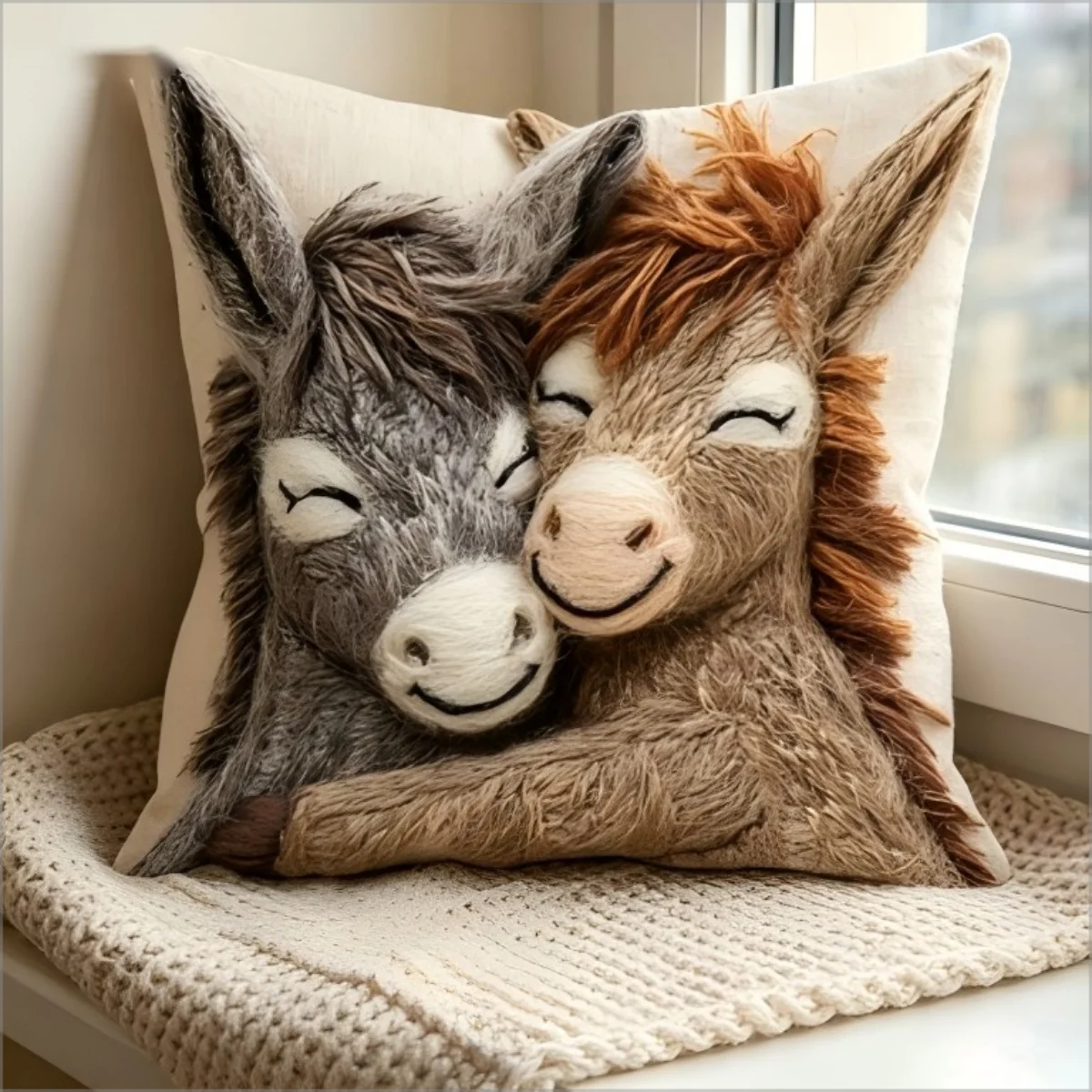 Cute Donkey Couple Pillow Cover 2D Faux Embroidery Print Hugging Farm Animal Cushion Case for Sofa Bed Couch Cozy Rustic Home