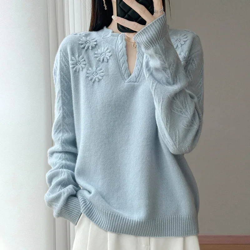 

New Jacquard V-neck Thick Knit Bottoming Shirt Loose Wool Soft Waxy Fashion Sweater In Autumn And Winter