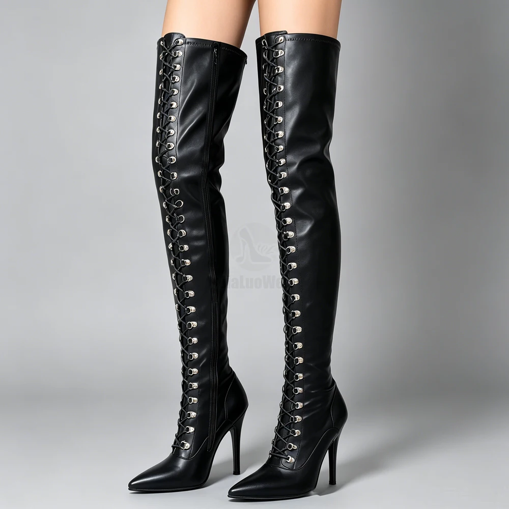 jialuowei Fetish Lace Up  Zip Crotch Flex Matt PU Thigh High Heel Over Knee Boots Plus size 44, 45,46 more colors