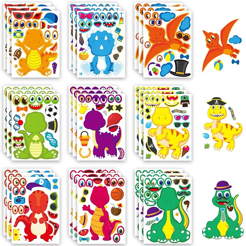 Creative Make a Dinosaur Stickers Sheets Kids DIY Toys Children Puzzle Games Make A Face Sticker Dino Theme Birthday Party Favor