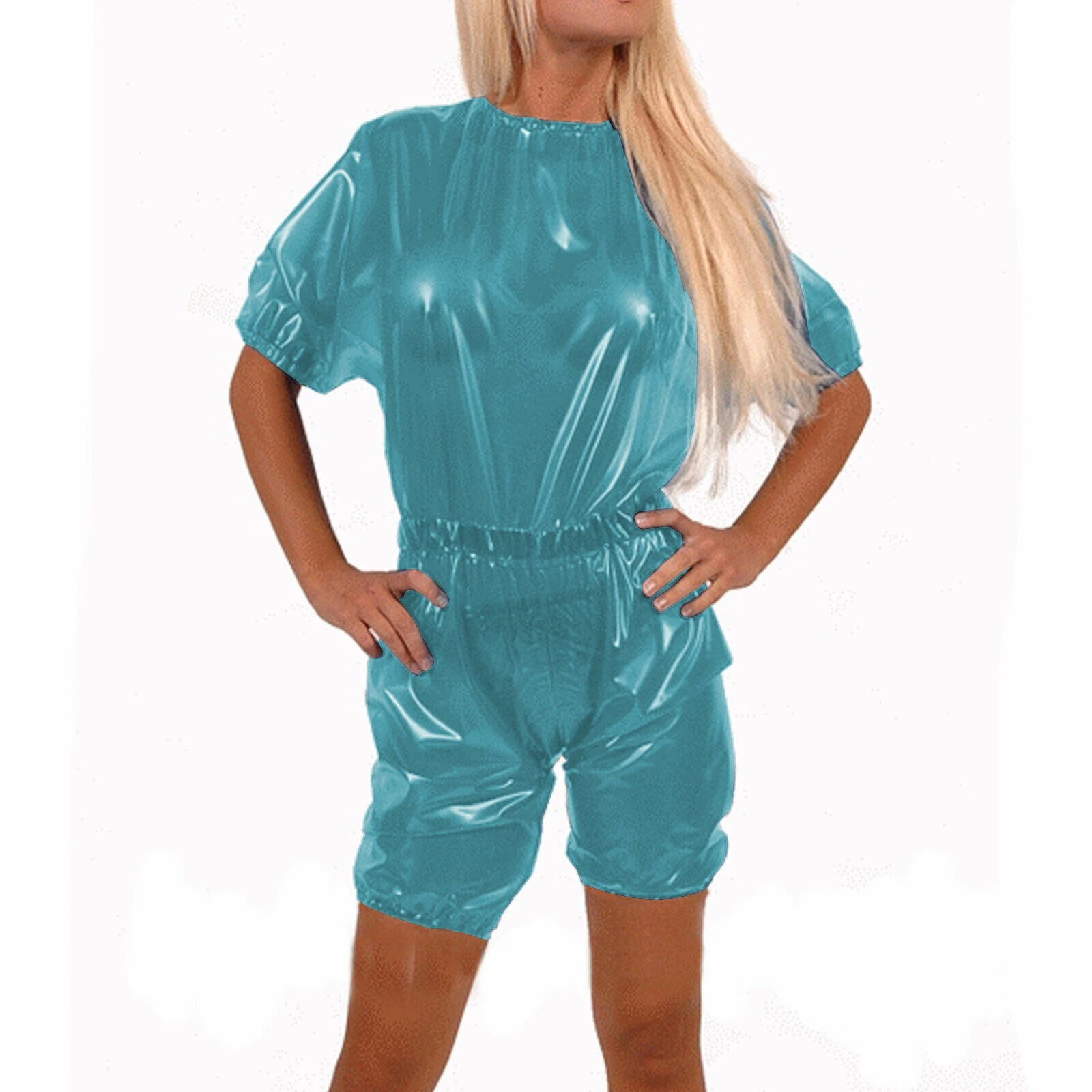 100% Latex Rubber Gummi Sexy Bodysuit Overall Light Blau Catsuit  Fixed XXL