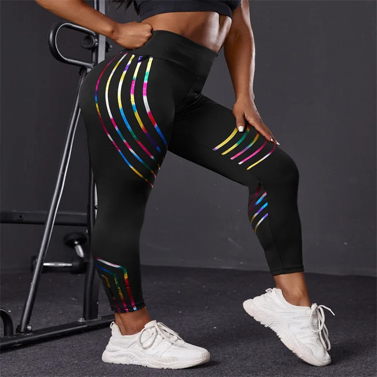 Black Seamless Gym Yoga Pants Fitness Women Striped Leggings Sexy Tights Push Up Trousers Girl High Waist Workout Sportswear XL