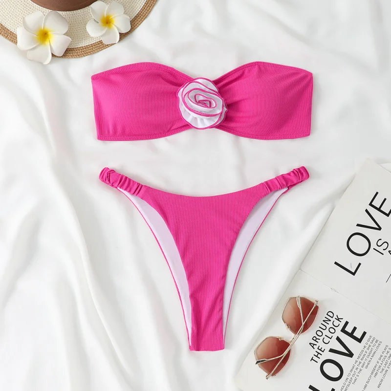 2025New Style Two-Piece Swimsuit Solid Color Special Fabric Floral Triangle Bikini Strapless Swimsuit
