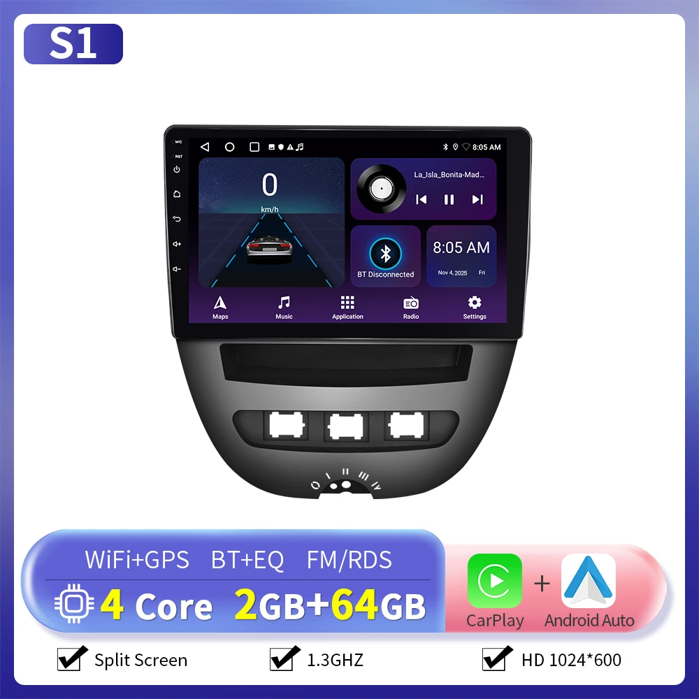 Camecho 6 + 128G CarPlay Android Auto Radio voor Toyota Aygo 2004-2014/PEUGEOT 107/Citroën C1 Multimedia Speler GPS Stereo WIFI