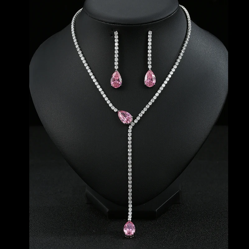 

jewelry sets 2pcs necklace earrings long shiny zircon pink water drop pendant wedding bridal jewelry dinner party women gift