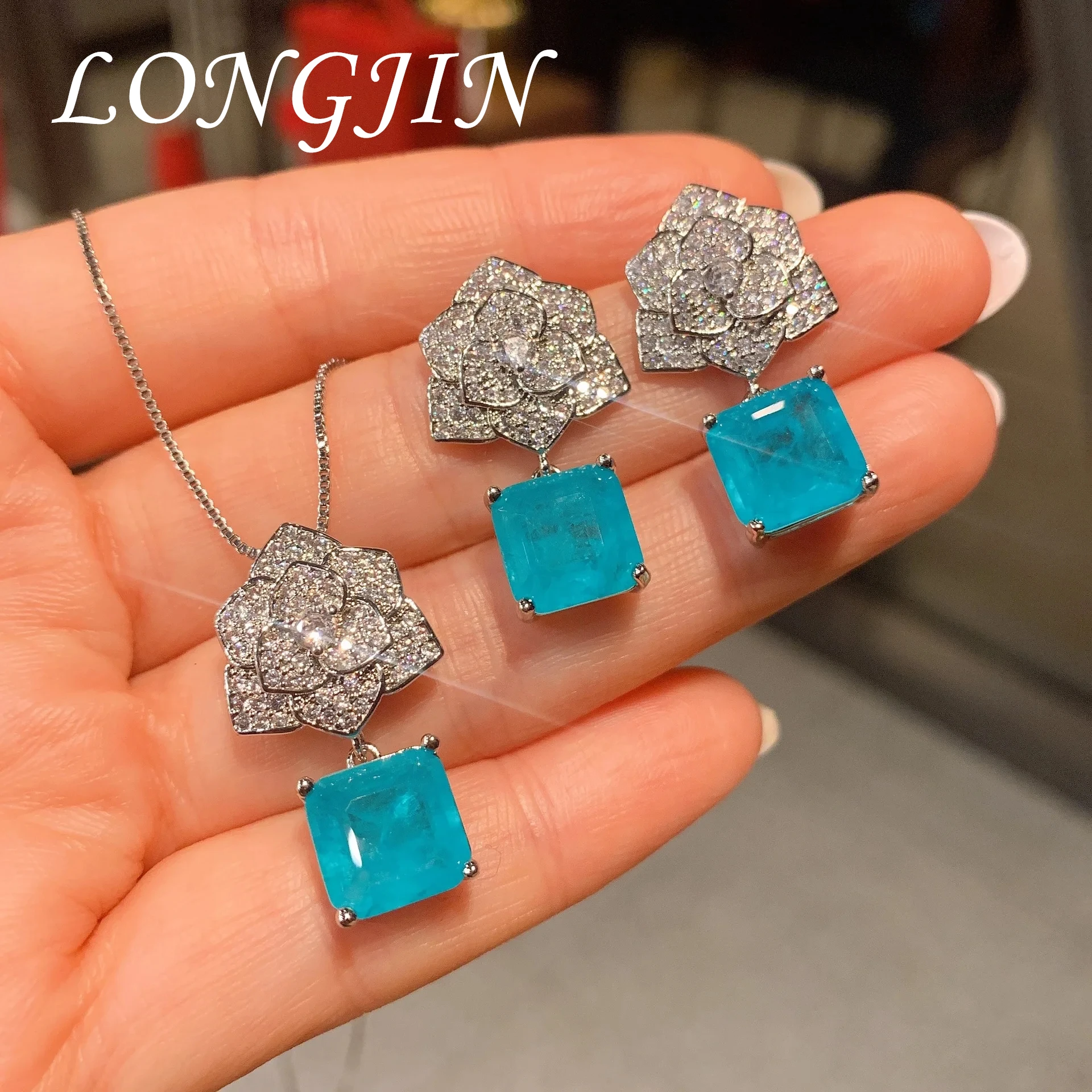 

Square 10*10mm Paraiba Gemstone Pendant Necklace Rose Flower Earrings Vintage Women's Jewelry Korean Style Reunion Party Gift