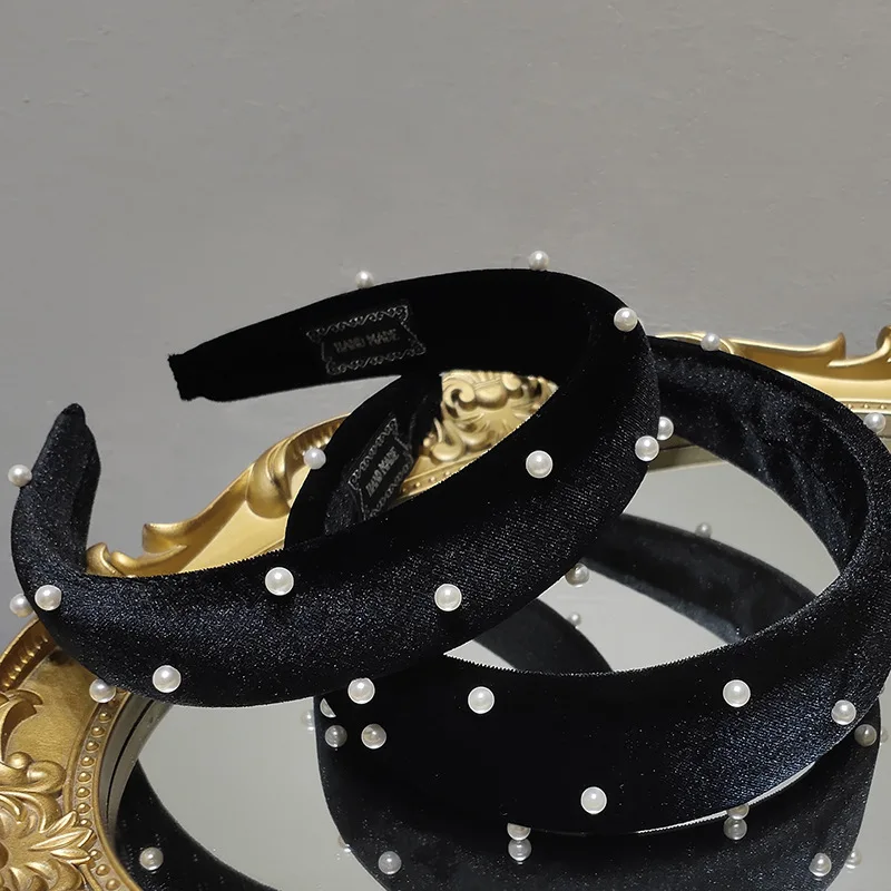 Black Velvet Pearl Headband Female High Skull Top Retro Headhoop Showing Face Small Wide-brimmed Elegant Pressed Hair Headdress