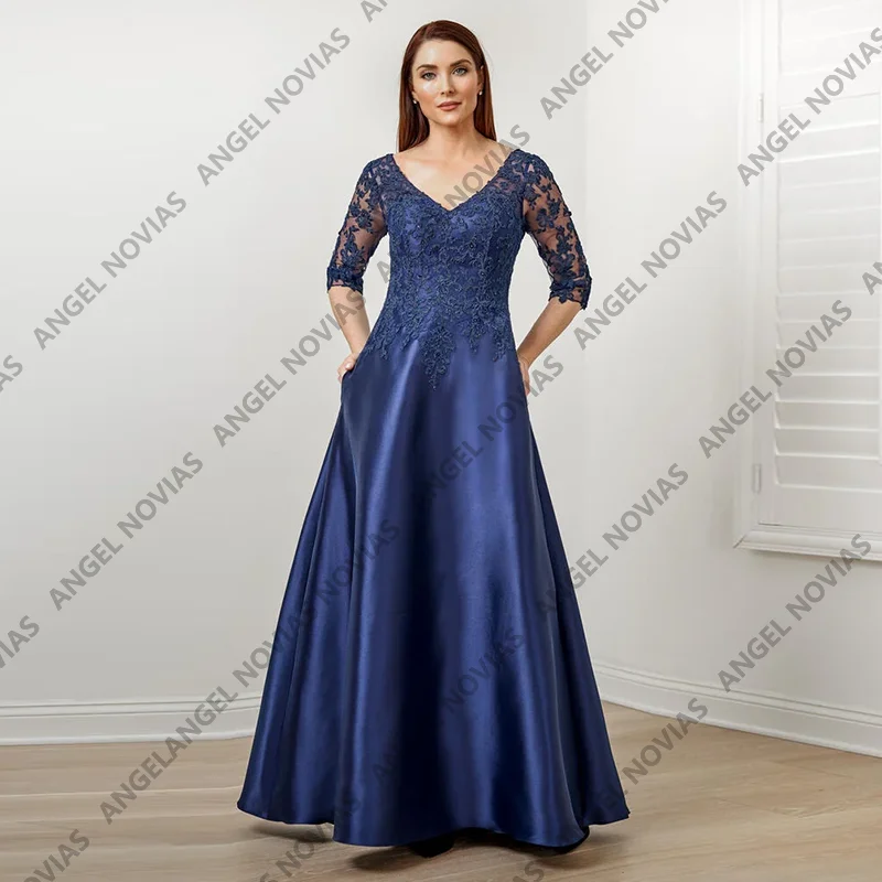 

Satin Navy Blue Mother of the Bride Dress Formal Wedding Party Guest Dress Customized Vestido Fiesta Boda Invitada