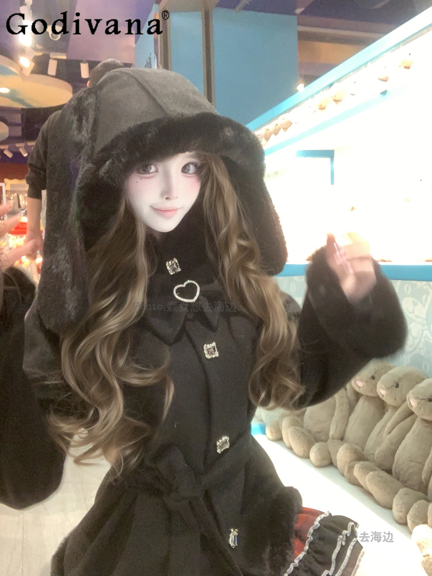 

Japanese Original Lolita Sweet Cool Girl Cartoon Bunny Ears Fluffy Cotton Jacket Winter New Thickened Warm Coat