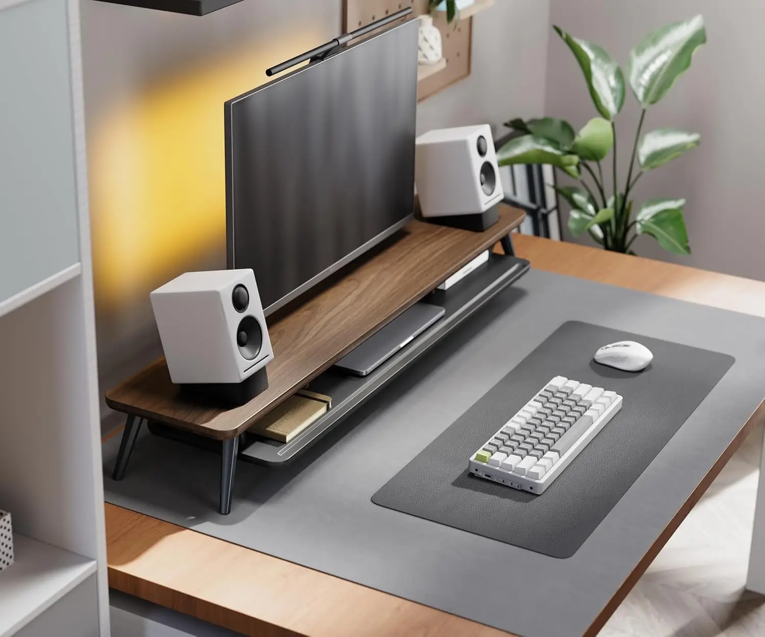 Dual Monitor Stand, Monitor Stands Riser For 2 Monitors, 42.5 H Wood Desk Shelf With Storage Organizer And Cable Management For