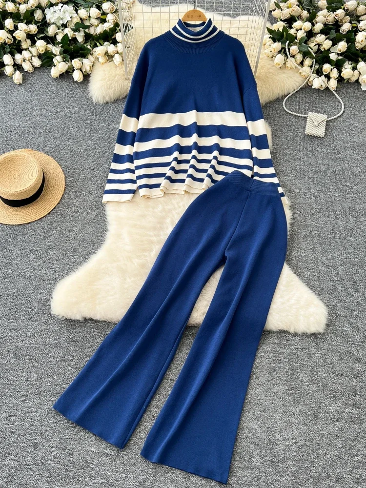 

Women Casual Elegant Sports Two-piece Set Autumn High Neck Striped Knit Sweater High Waist Wide Leg Pant Sweater Set for Women