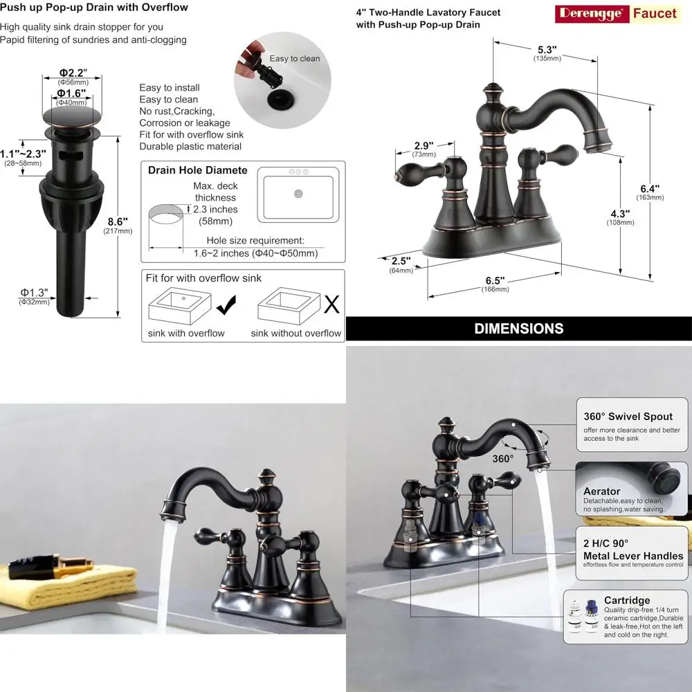 

3 Hole Oil Rubbed Bronze Bathroom Sink Faucet with Pop-up Drain and 360° Swivel Spout, 4 Inch Centerset Lavatory Fixture
