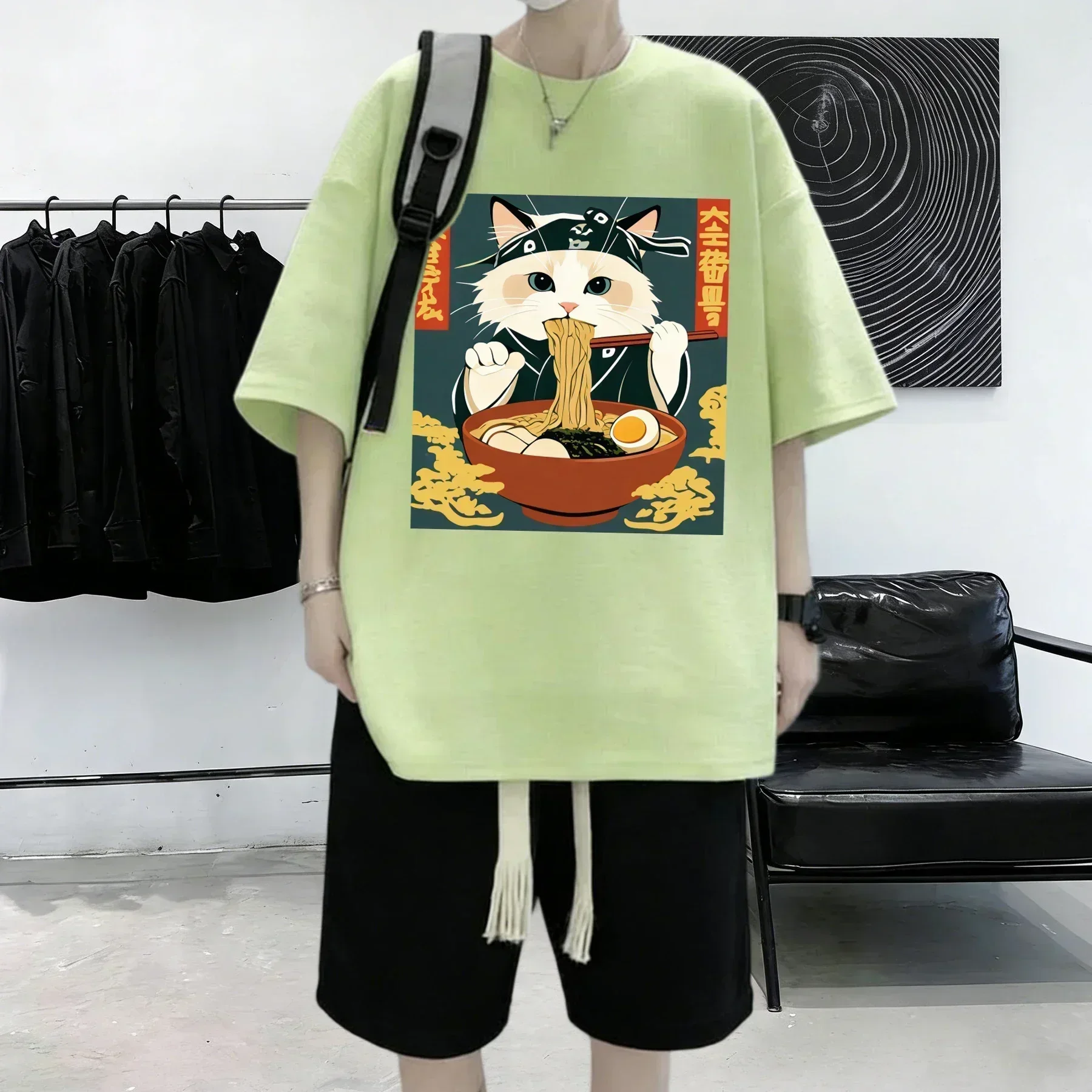 Cats Who Like Lamian Noodles Very Much Printing Men Cotton Soft Summer Streetwear Daily T-Shirt Breathable Unisex Short Sleeve