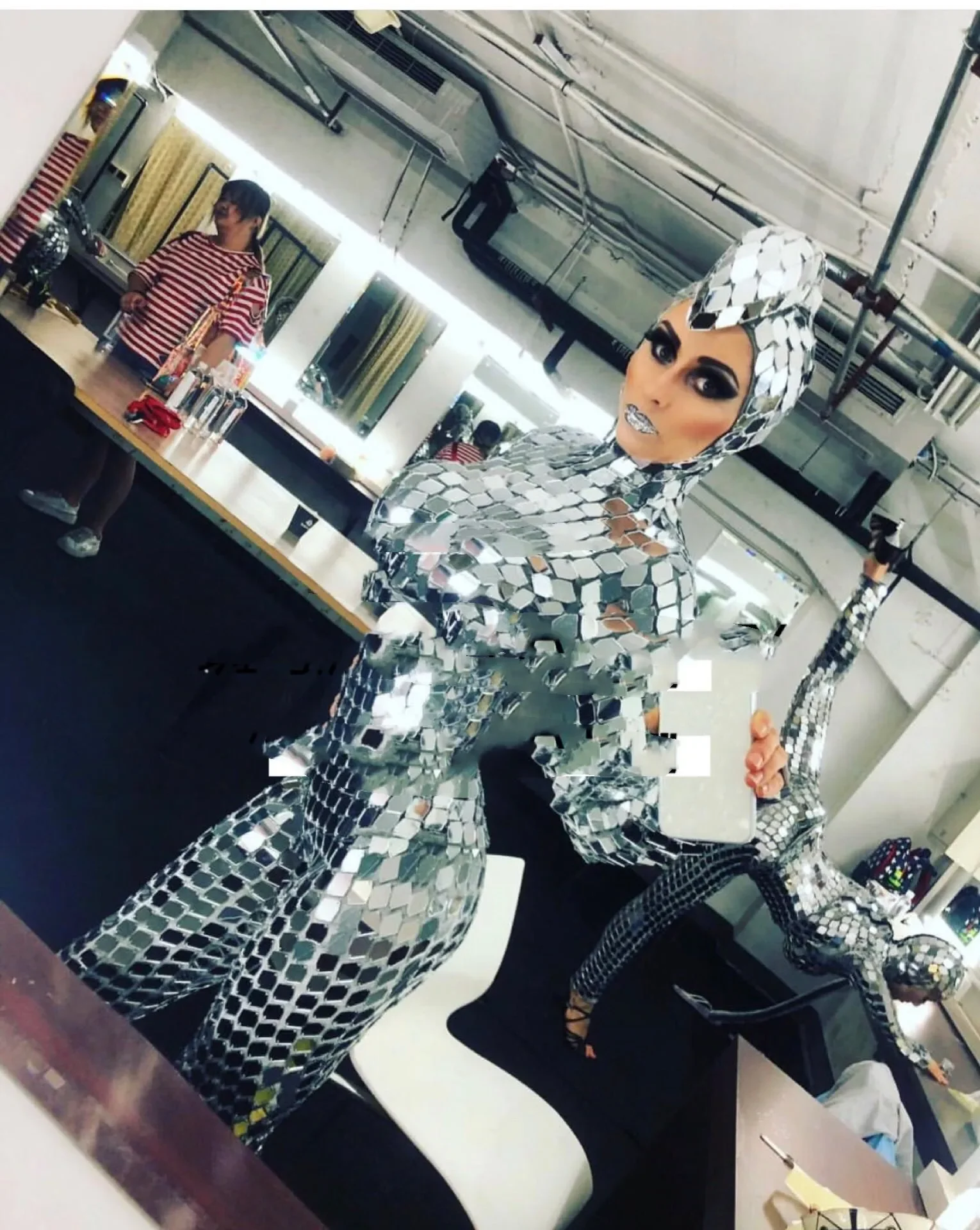 future technology theme mirror clothing Futuristic Female Warrior Silver mirrored performance costumes