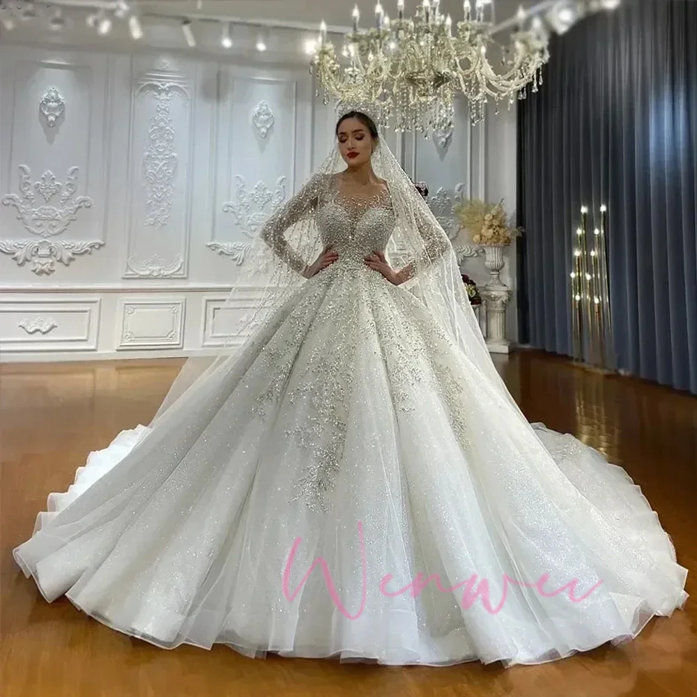 Angepasst Luxuriöse Arabisch Dubai Lange Ärmel Hochzeit Kleid Perlen Perlen Bräute Kleid Scoop Neck Ballkleider Vestidos De Novia