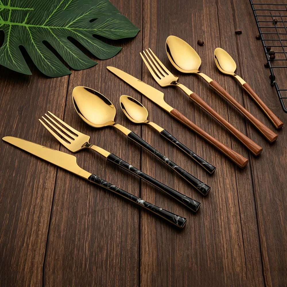 4Pcs Dinnerware Set Stainless Steel Imitation Wooden Handle Clamp Western Knife Fork Spoon Cutlery Tableware Silverware