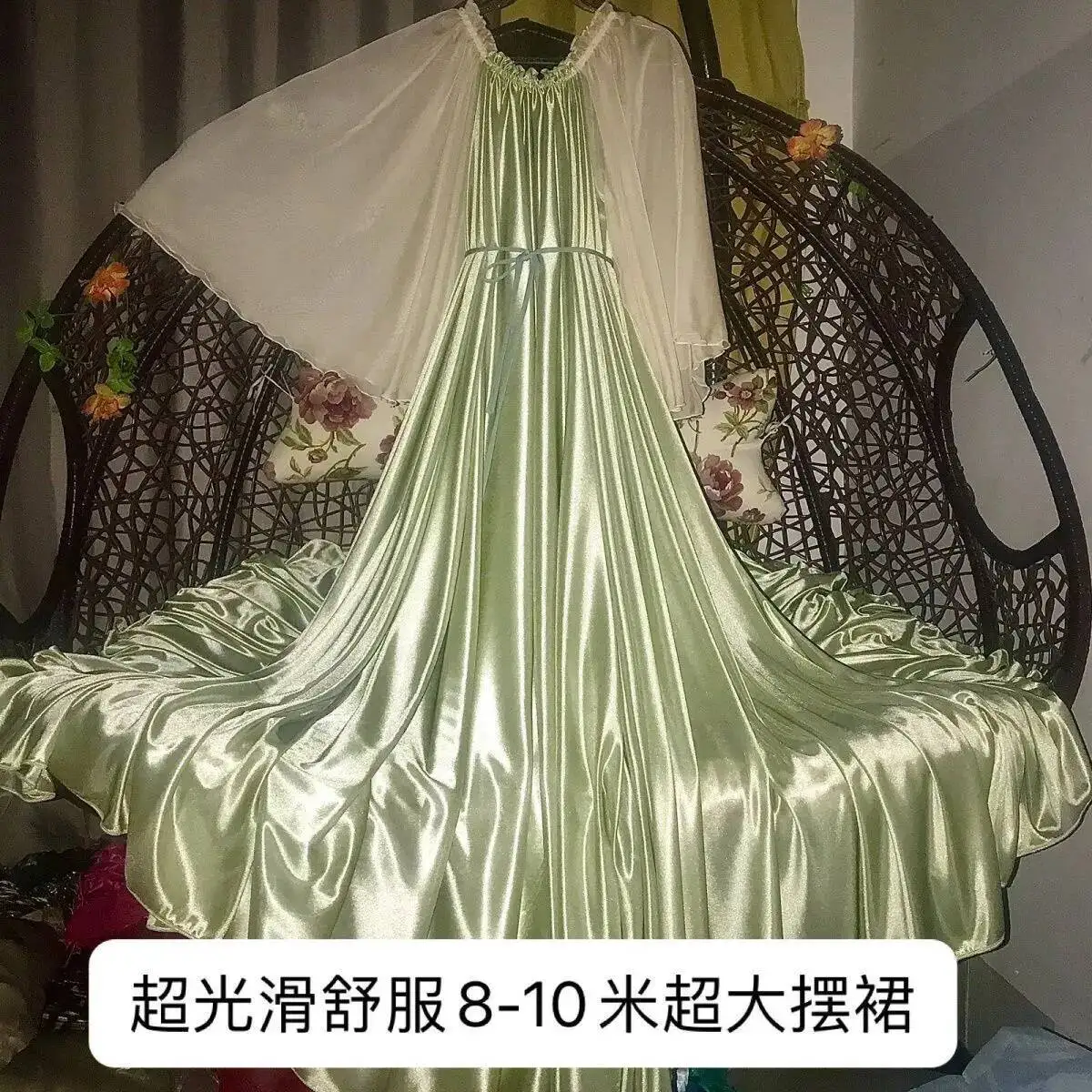 

Glossy Green Women Chiffon Mesh Satin Ruffles Long Maxi Dress Elegant Dresses