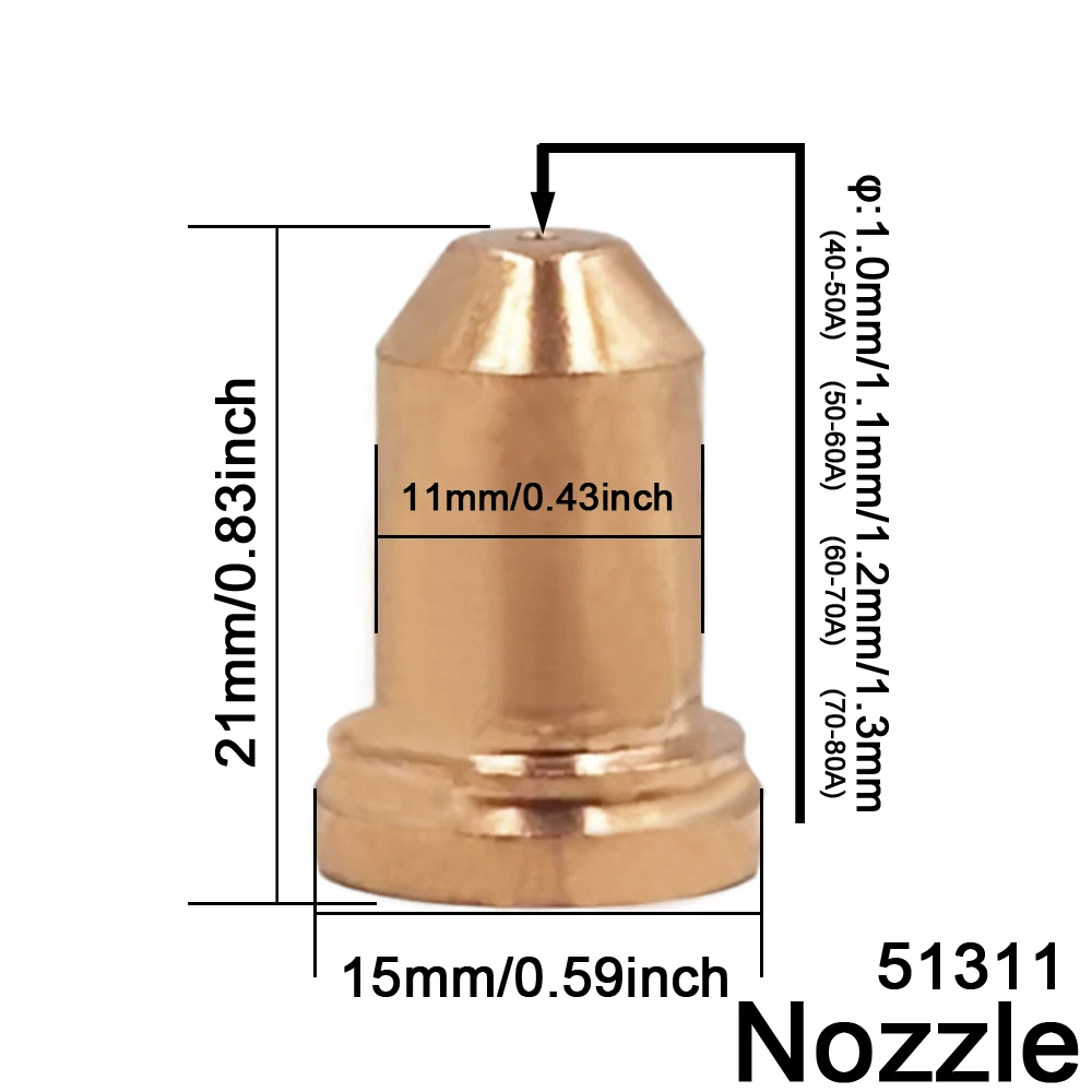 5/10/20/40 Stück PT-80 PT80 IPT-80 PTM-80 Elektrode 52558 Düse 51311 1,0mm/1,1mm/1,2mm/1,3mm Passend für Plasmaschneider-Brenner Verbrauchsmaterialien – Detail 3