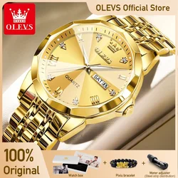 Relojes OLEVS para hombre, reloj de pulsera de cuarzo Original dorado, reloj luminoso resistente al agua para hombre, espejo con rombos, fecha, semana, vestido de lujo