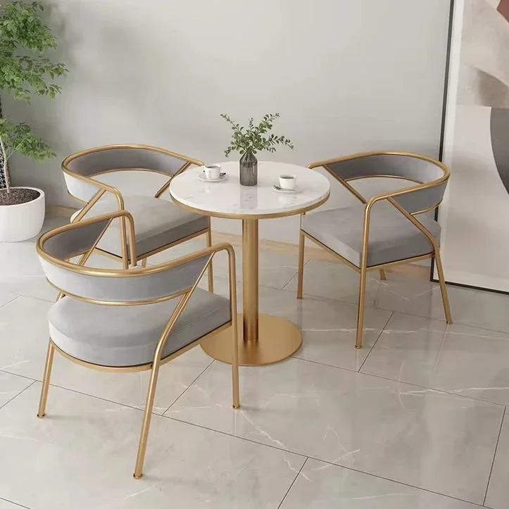 Wholesale casual cafe tea shop western restaurant artificial marble table and negotiation reception flannel dining chair set