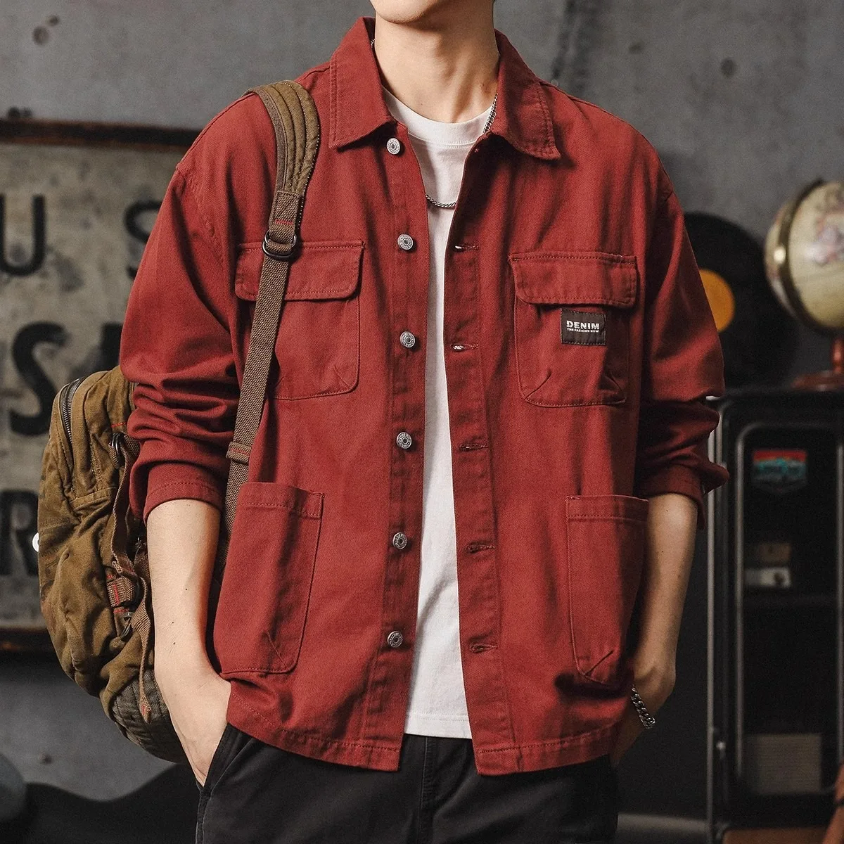 Retro Denim Jacket Men's New 2025 American Style Heavy Casual Collar Workwear Shirt Casual Cotton Antimicrobial Deformable