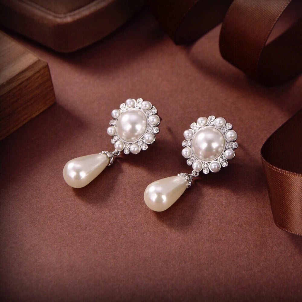 2023 Best-Selling Zircon Sun Flower Pearl Earrings Pearl Water Drop Long Trim Face Shape