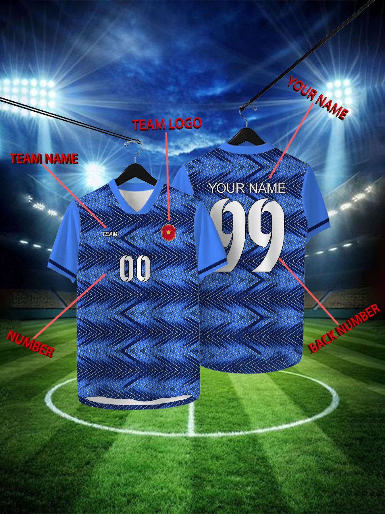 

Customized Geometric Deep Blue Short Sleeved Shirt with Team Name, Emblem, Name and Number, Outdoor Sports Short Sleeved T-shirt