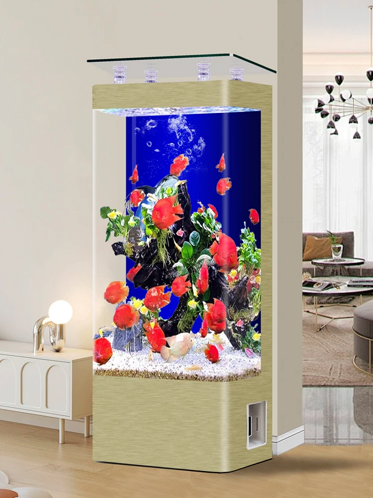 

MJY fish tank, floor-to-ceiling curved aquarium back filter next to the TV cabinet in the living room