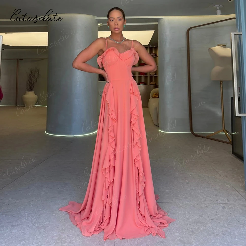 فستان سهرة رسمي من Catasdate شيفون مطوي بطول الأرض على شكل حرف A بطول الأرض للنساء حسب الطلب