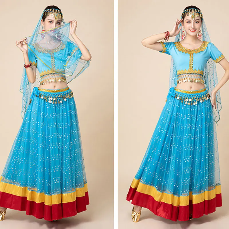 Women Bollywood Belly Dance Costume Set Ladies Shiny Tops Skirt Waist Belt Dancing Outfit Stage Performance Carnival Clothes Set