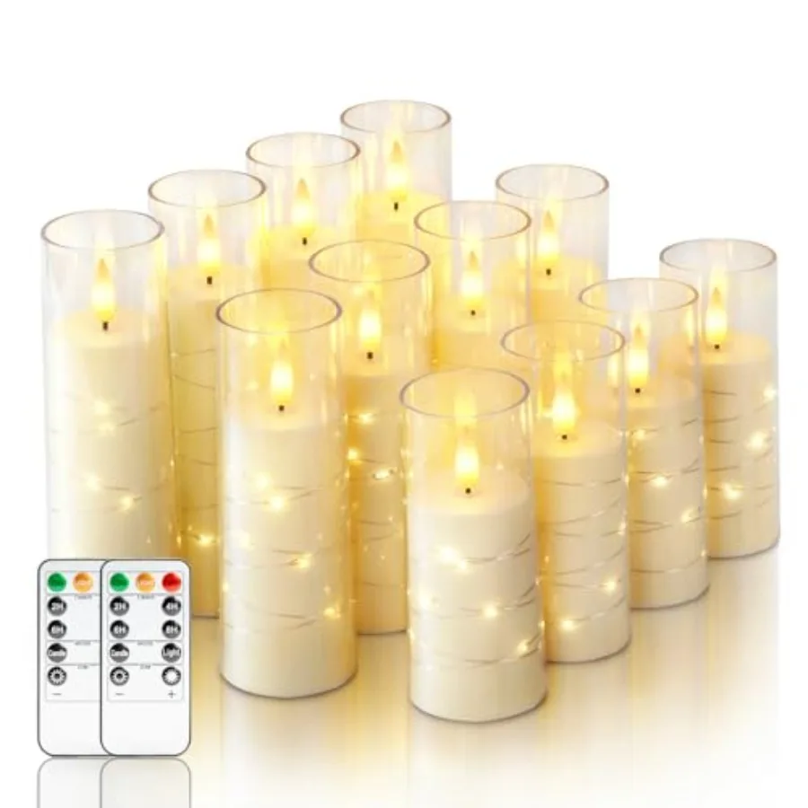 

12Pcs Flameless Candles with Star String Fairy Lights Flickering Battery Operated Candles LED Fake Candles with Remote and Time