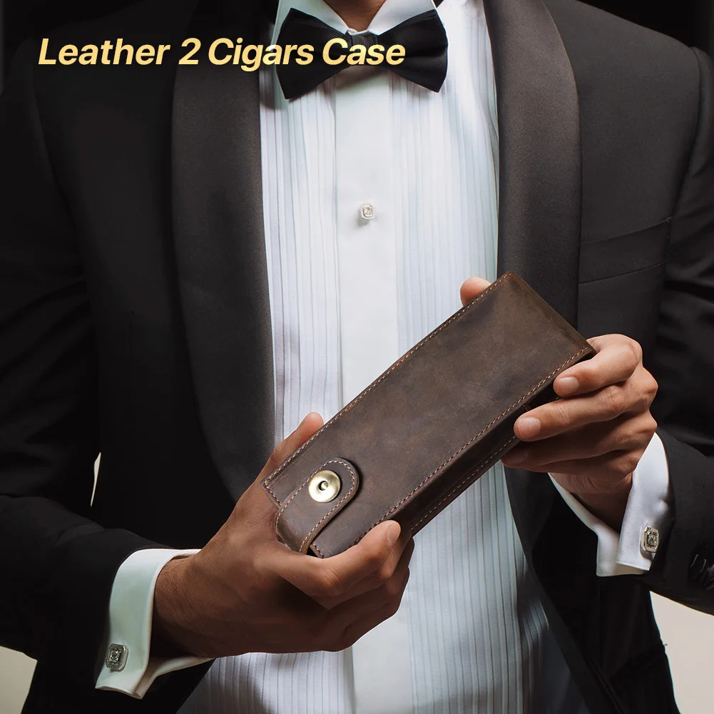 Luxury Retro Cowhide Leather 2 Slots Cigar Case Humidor Box Travel Portable Display Cutter Pouch with Megnetic Buckle Closure