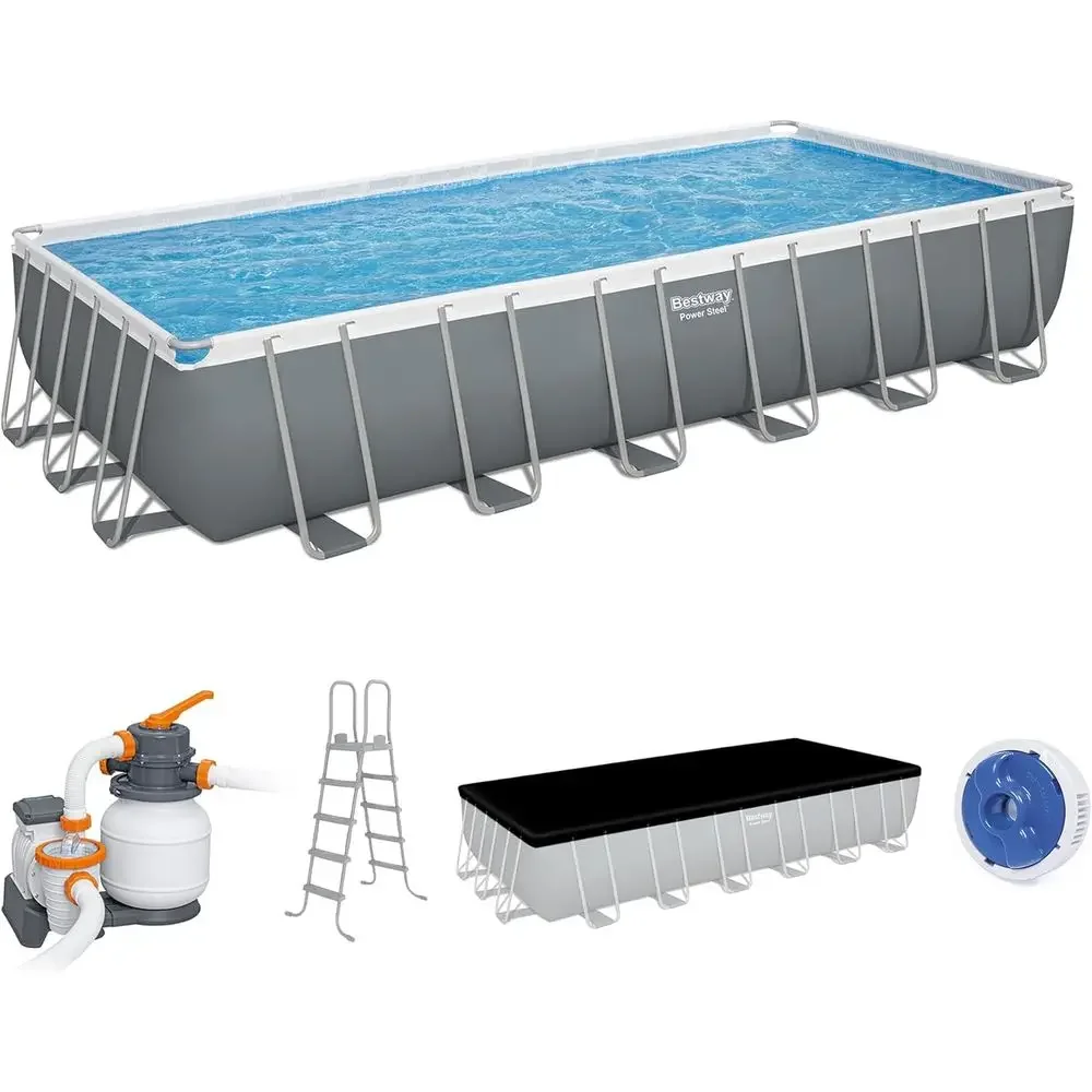 24ft x 12ft x 52in Above Ground Swimming Pool Set with Metal Frame, Sand Filter Pump, Ladder, and Cover