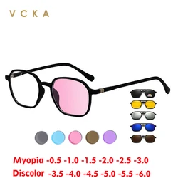 VCKA 6 In 1 Men Women Discoloration Myopia Glasses Frame TR90 Polarized Optical Magnetic Clip on Sunglasses Prescription