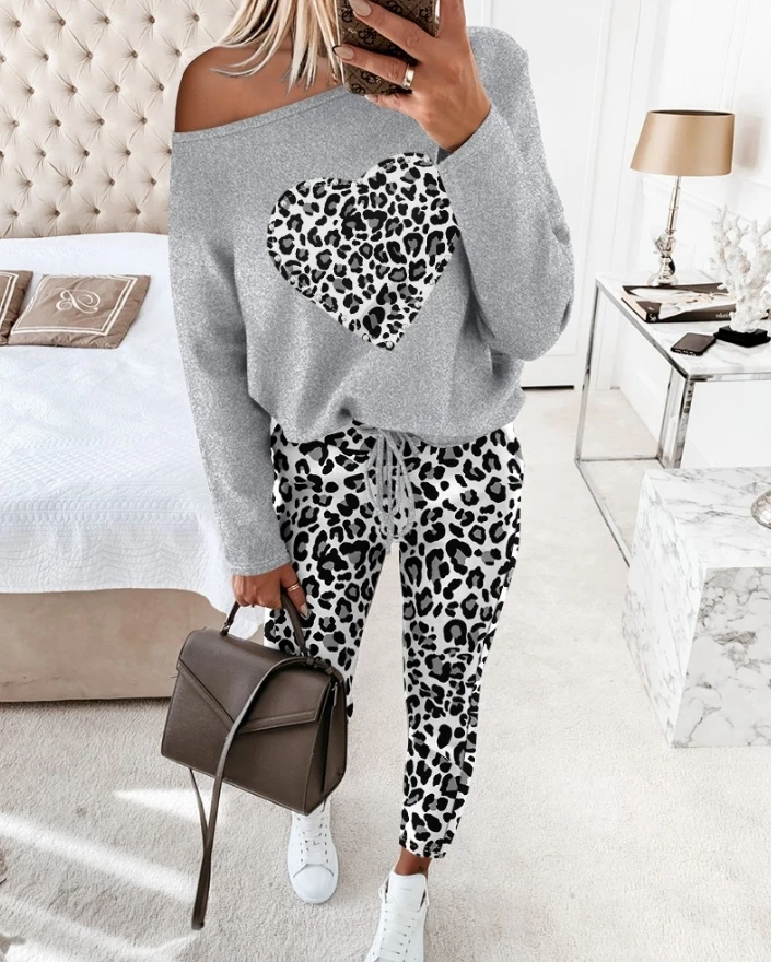 Elegant Two Piece Set for Woman Heart Shaped Leopard Print Sloping Collar Top High Waisted Pants Casual Sports Suit Pants Set