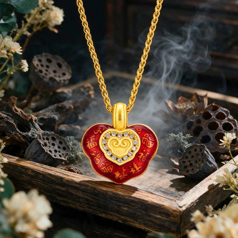 AU999 24K pure gold micro-inlaid red enamel ruyi lock pendant for women, perfect matching accessory for dresses and banquets