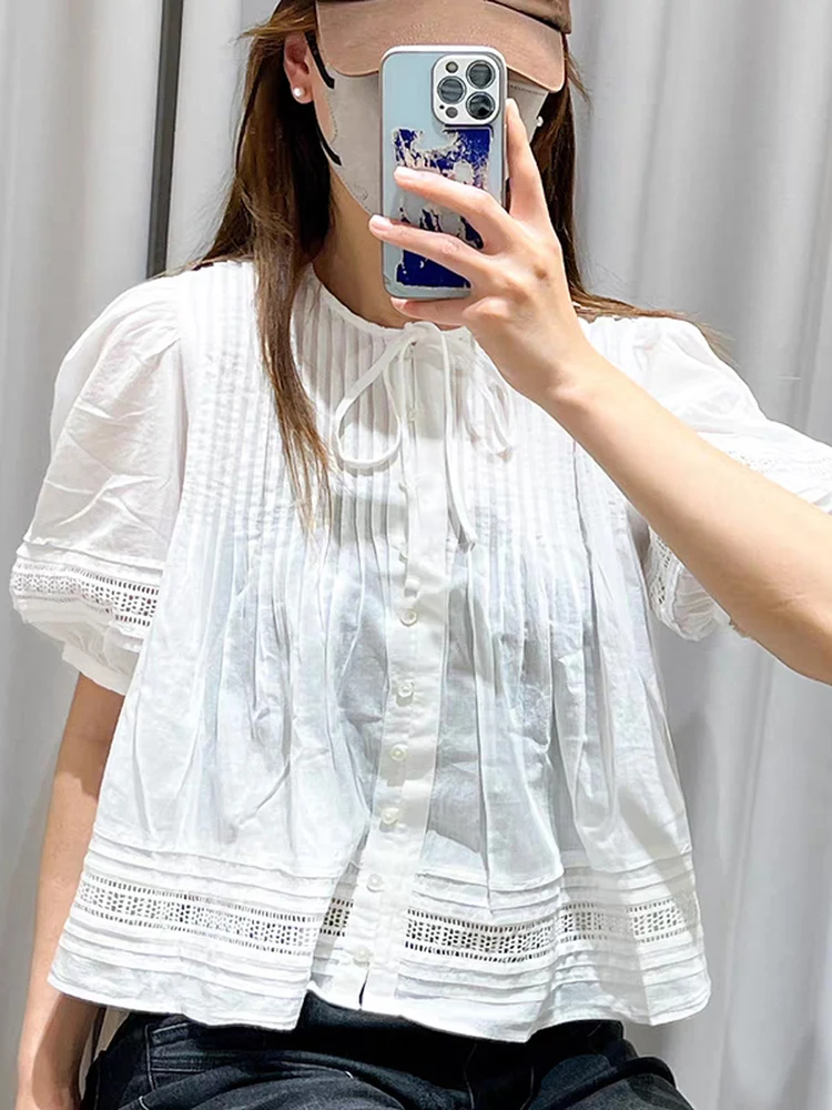 

French Style Doll Shirt Lace Bubble Sleeve round Neck Tie Waist Carving Hem Lace Women's Summer Shirt Breathable Cotton Short...