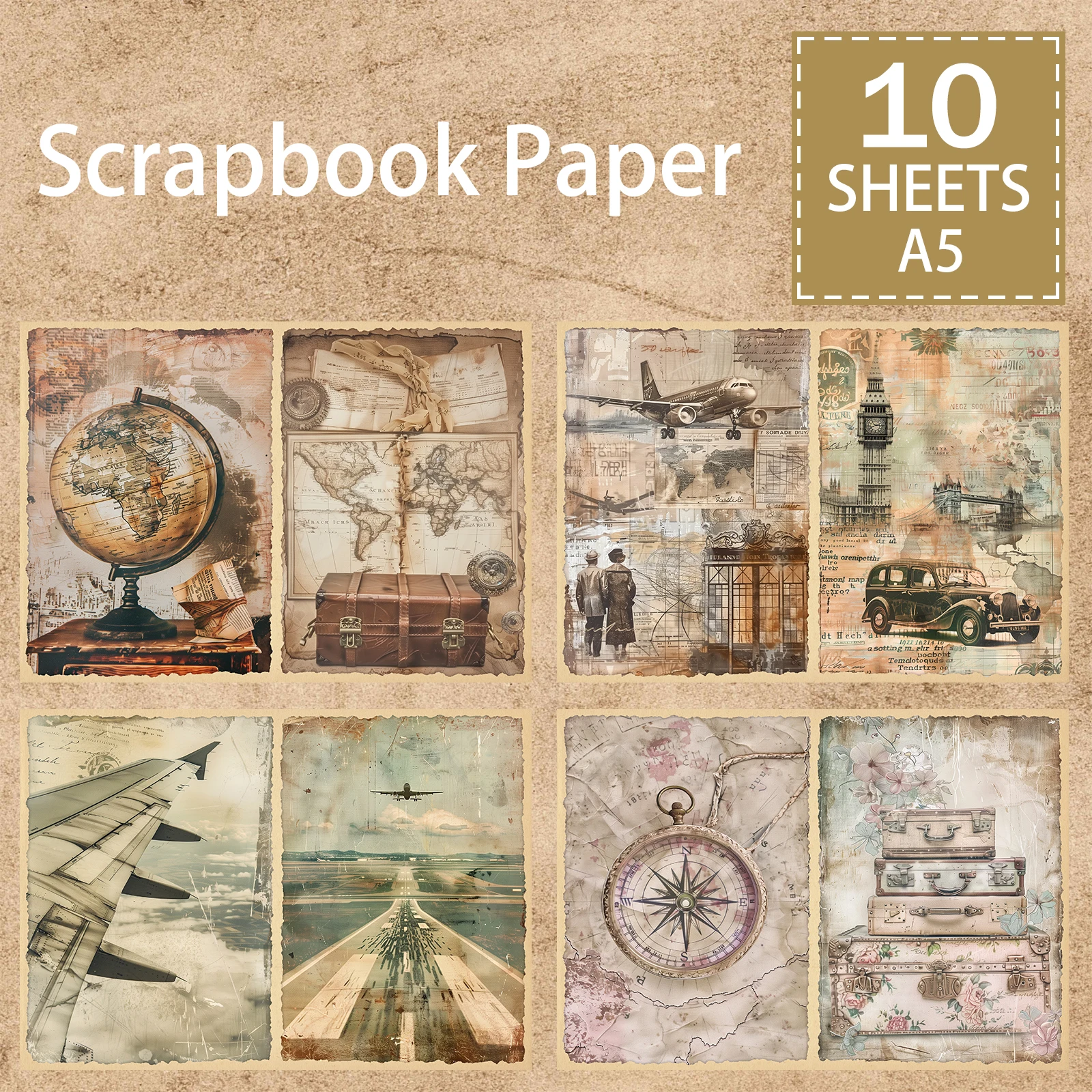 10 Sheets A5 Size Vintage Old Travel Airplane Map Compass Background Vintage Grunge Journal Planning Scrapbooking