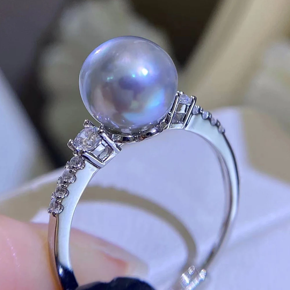 

Luxury Jewelry Elegant 925 Sterling Silver Classic Seawater Pearl Ring with 8-9mm Natural Silver Blue Smooth Surface Akoya Pearl