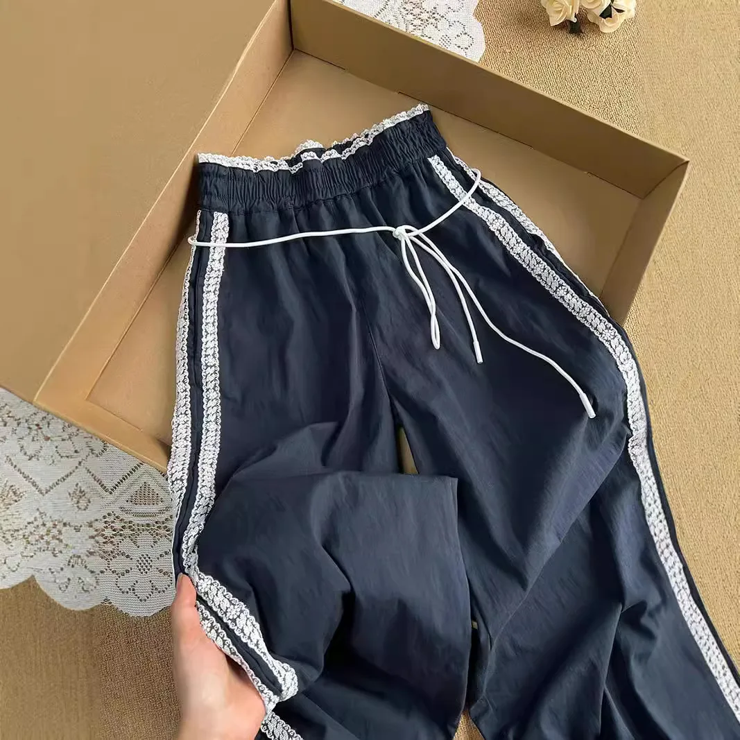 High Quality Hot Selling Wholesale Striped Lace Wide Leg Pants Autumn Elastic Waist Casual Pants Straight Leg Long Pants