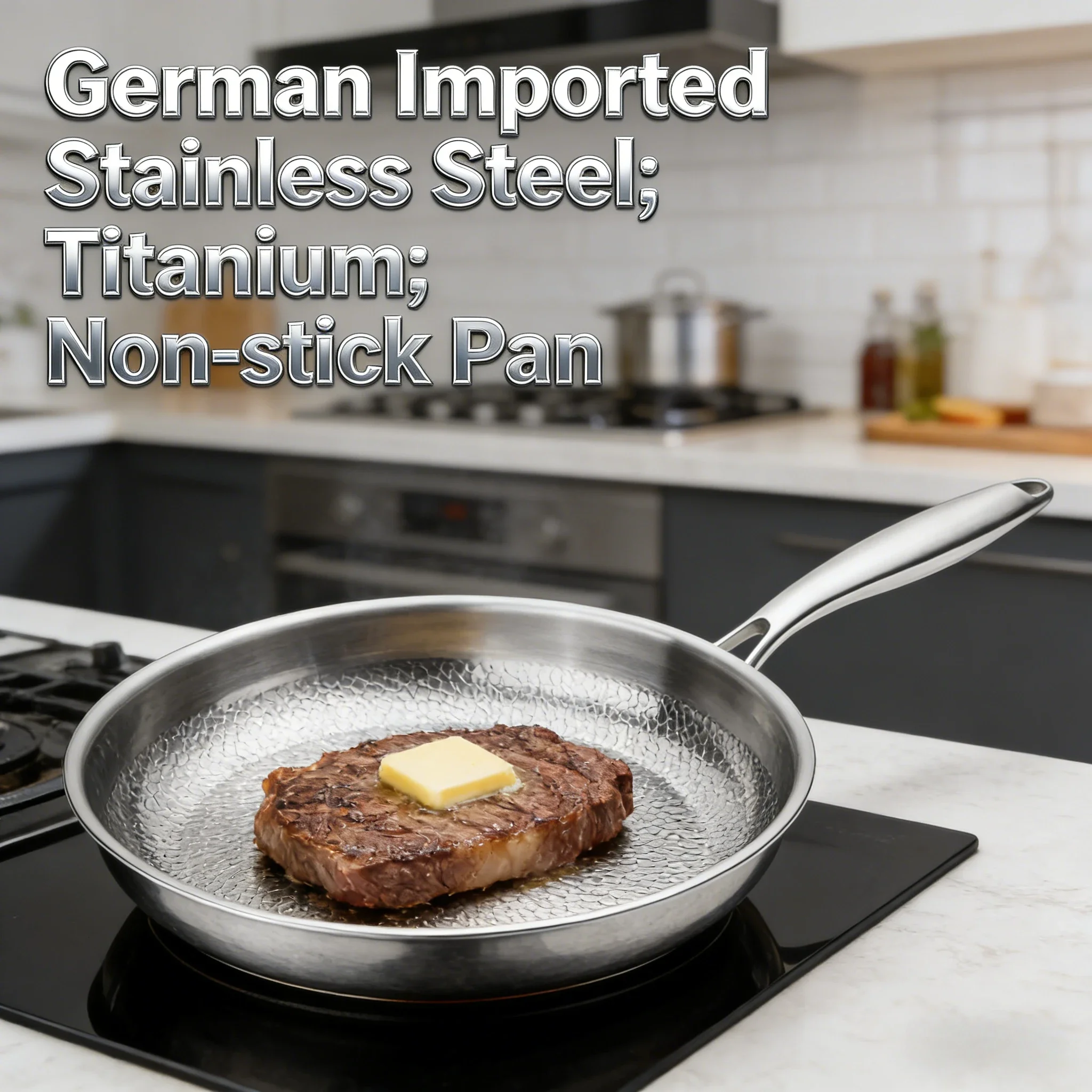 26/28/30cm German Titanium-Infused Stainless Steel Frying Pan – Coating-Free Non-Stick Healthy Steak Pan
