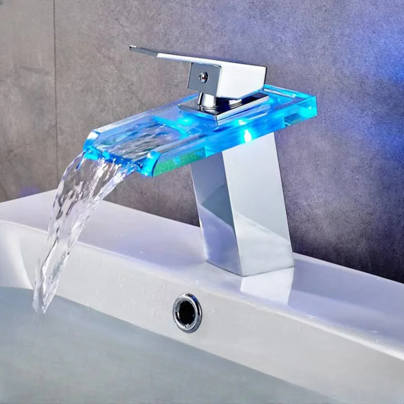 

LED light faucet, stainless steel glass with light faucet, waterfall LED light temperature controlled basin faucet