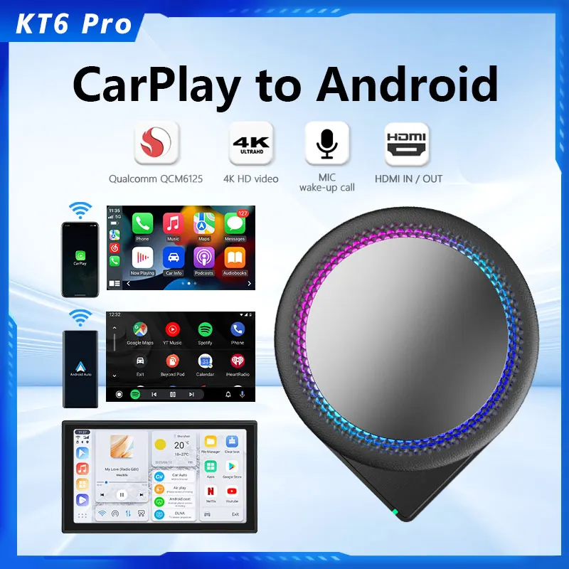 صندوق Carplay Android Auto AI اللاسلكي، التوصيل والتشغيل يناسب السيارات من 2016,3 في 1 Android 13 QCM6125 8+128gb، يدعم أي تطبيق - KT6 Pro