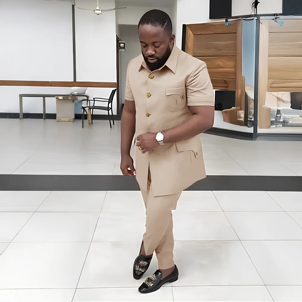 

Beige Men's Summer Suit 2 Piece Set Wedding Groom Tuxedo Short Sleeve Blazer Pants Formal Male Suit