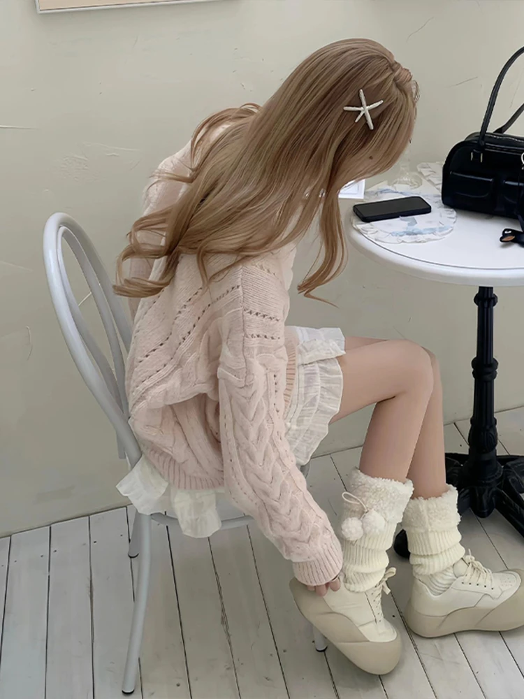 Korean Style Lazy Sweet Pink V-Neck Knitted Sweater Coat 2026 New Gentle High-End Look Super Beautiful Knitted Open Cardigan