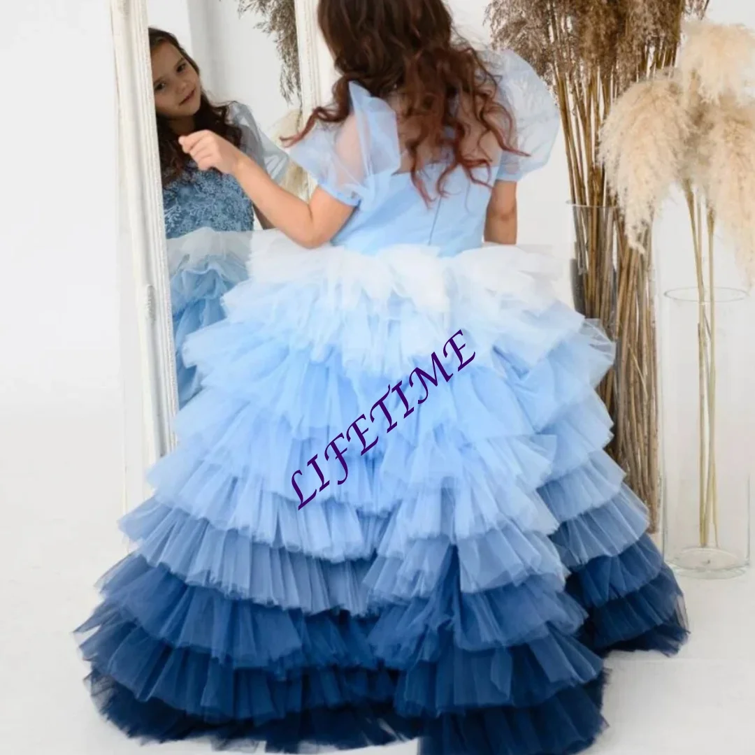 Blue Ombre Flower Girl Dress Ball Gown Junior Bridesmaid Wedding Graduation Party Prom Customizable Girls Dress