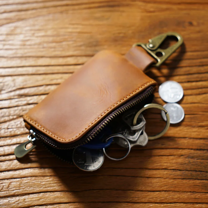 

Vintage leather small wallet with zipper storage bag, Bluetooth earphone bag, keychain protection case